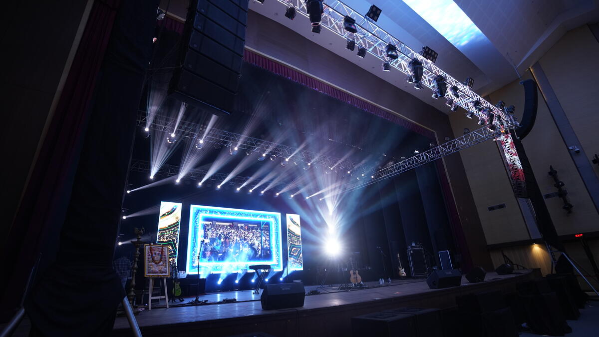 Professional backline instruments set up on a concert stage