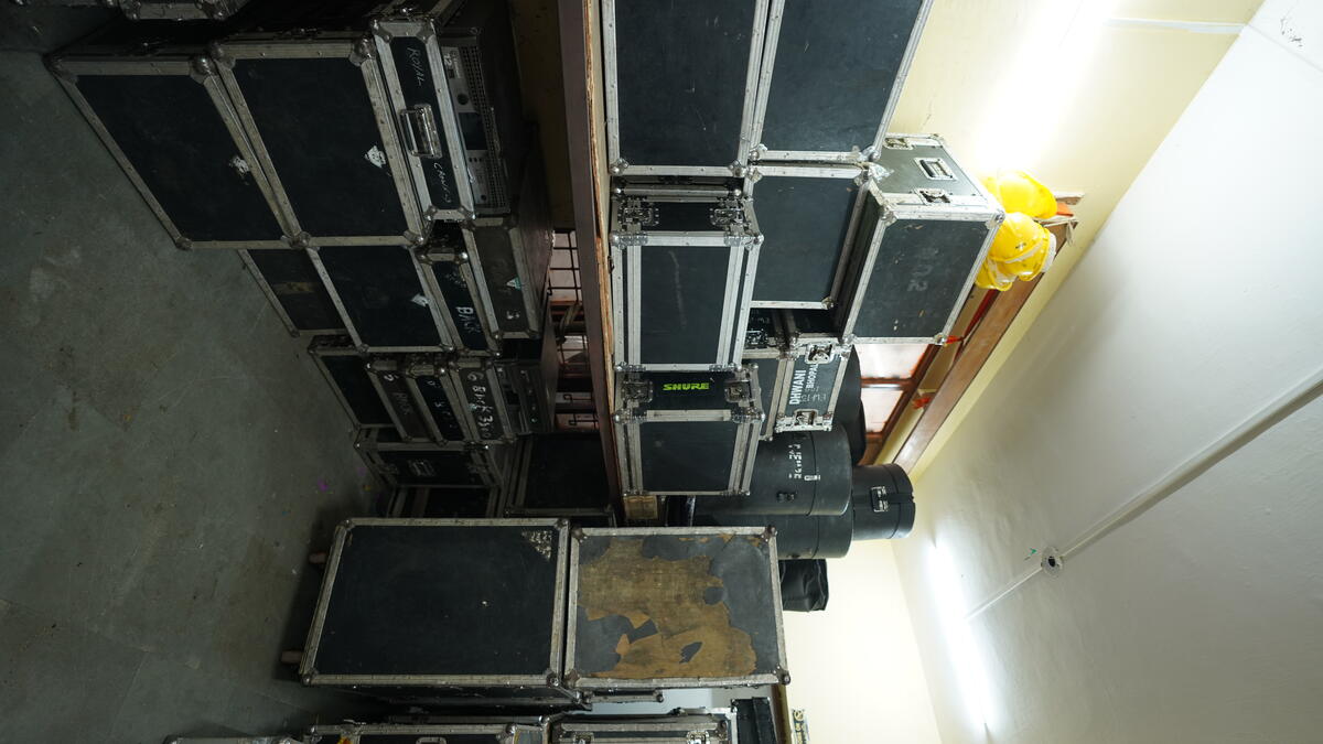 Ampeg SVT bass amplifier head with cabinet on stage